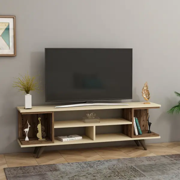 Whalen TV Stand with Open Shelves - Light Walnut & Beige