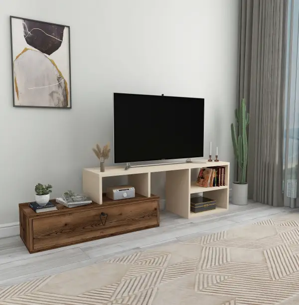 Mercury Adjustable TV Stand with Shelves - Beige & Light Walnut