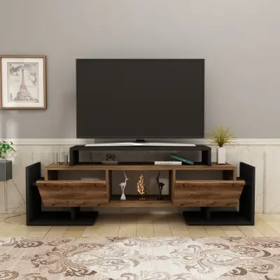 Metafor TV Stand, Media Center with Cabinets, Shelves - Black & Light Walnut