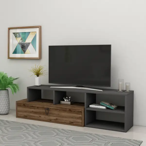 Mercury Adjustable TV Stand with Shelves - Light Walnut & Anthracite