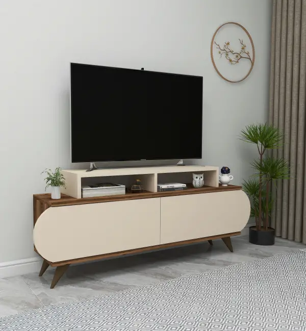 Lecody TV Stand with Cabinets, Shelves - Light Walnut & Beige