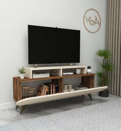 Lecody TV Stand with Cabinets, Shelves - Light Walnut & Beige