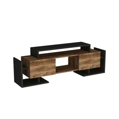 Metafor TV Stand, Media Center with Cabinets, Shelves - Black & Light Walnut