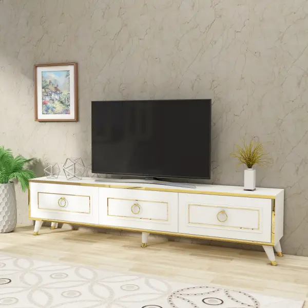 Romens TV Stand and Media Console with Cabinets - White & Gold