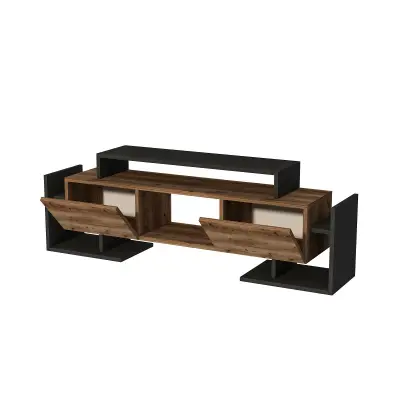 Metafor TV Stand, Media Center with Cabinets, Shelves - Black & Light Walnut