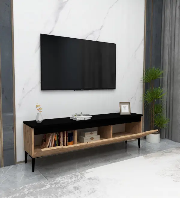Amiray TV Stand with Cabinets - Altantic Pine & Black