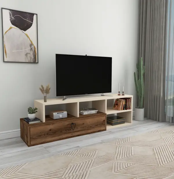 Mercury Adjustable TV Stand with Shelves - Beige & Light Walnut