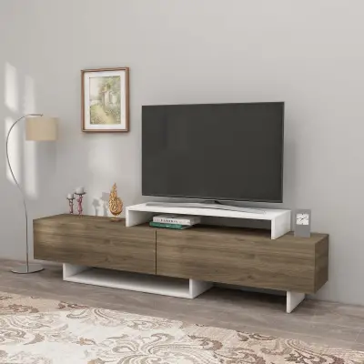 Ivano TV Stand and Media Console with Cabinets and Shelves - White & Walnut