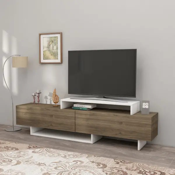 Ivano TV Stand and Media Console with Cabinets and Shelves - White & Walnut