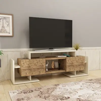 Metafor TV Stand, Media Center with Cabinets, Shelves - Beige & Atlantic Pine