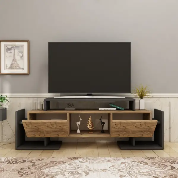 Metafor TV Stand, Media Center with Cabinets, Shelves - Anthracite & Atlantic Pine