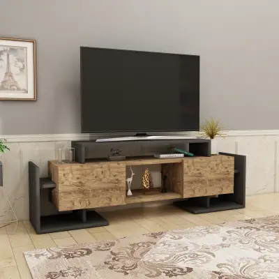 Metafor TV Stand, Media Center with Cabinets, Shelves - Anthracite & Atlantic Pine