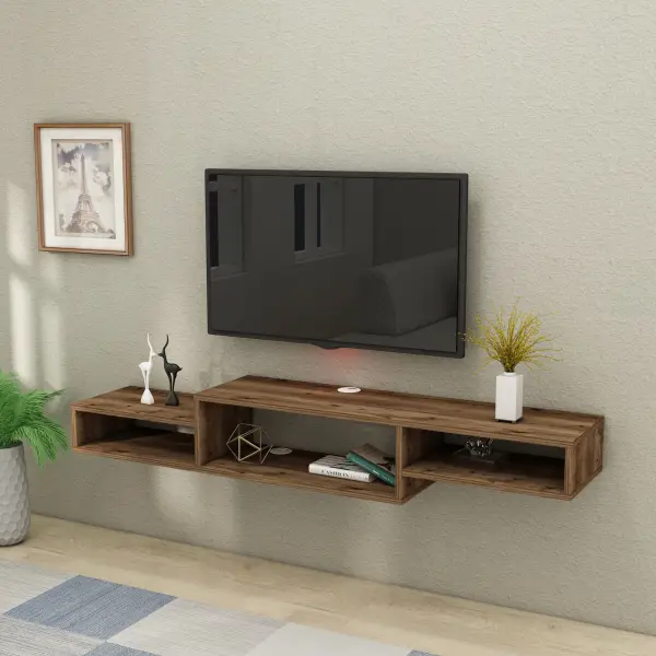 Loretta Floating TV Stand with Shelves - Walnut