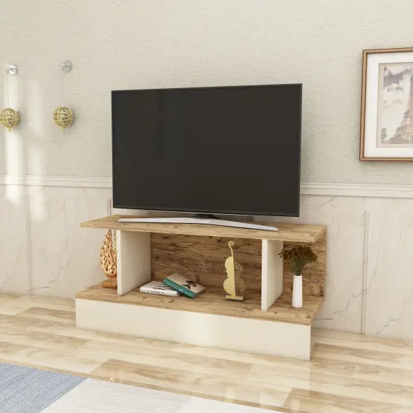 Dustin TV Stand with Shelves - Beige & Atlantic Pine