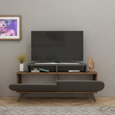 Lecody TV Stand with Cabinets, Shelves - Anthracite & Light Walnut