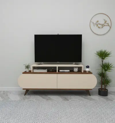 Lecody TV Stand with Cabinets, Shelves - Light Walnut & Beige