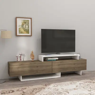 Ivano TV Stand and Media Console with Cabinets and Shelves - White & Walnut