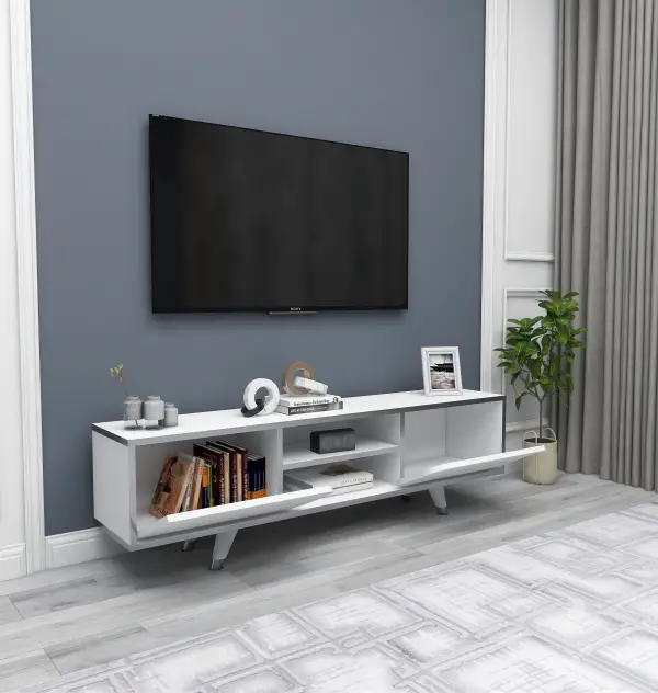 Minola TV Stand with Cabinet and Shelves - White & Nickel Band