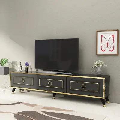 Romens TV Stand and Media Console with Cabinets - Anthracite & Marble Gold