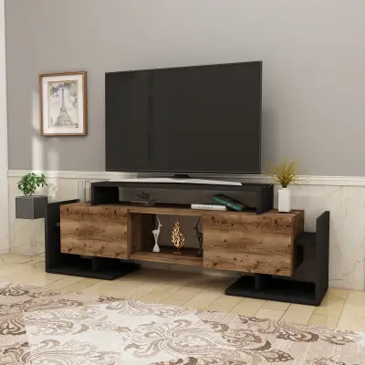 Metafor TV Stand, Media Center with Cabinets, Shelves - Black & Light Walnut