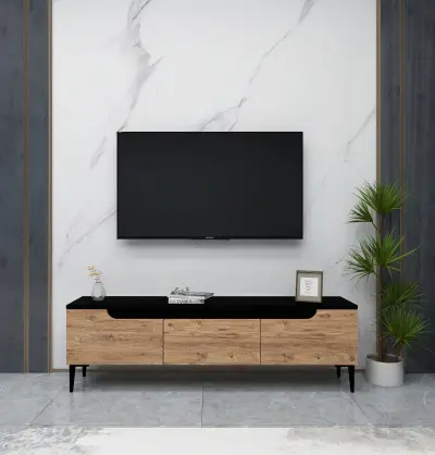 Amiray TV Stand with Cabinets - Altantic Pine & Black