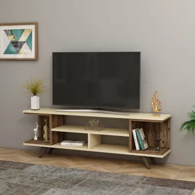 Whalen TV Stand with Open Shelves - Light Walnut & Beige