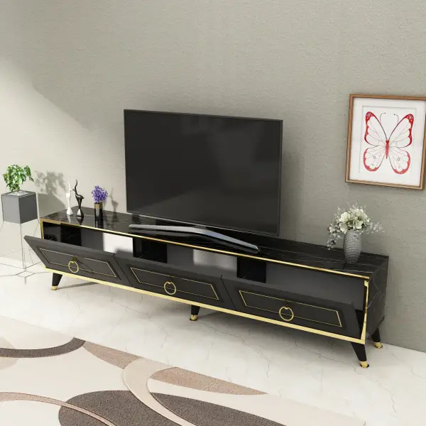 Romens TV Stand and Media Console with Cabinets - Anthracite & Marble Gold