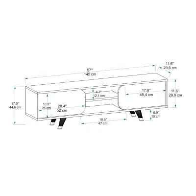 Minola TV Stand with Cabinet and Shelves - White & Nickel Band