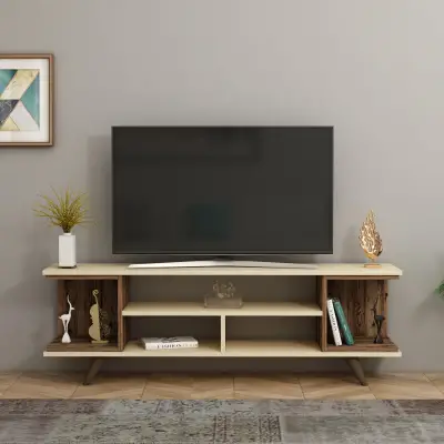 Whalen TV Stand with Open Shelves - Light Walnut & Beige