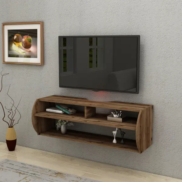 Berter Floating TV Stand with Shelves - Light Walnut