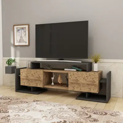 Metafor TV Stand, Media Center with Cabinets, Shelves - Anthracite & Atlantic Pine