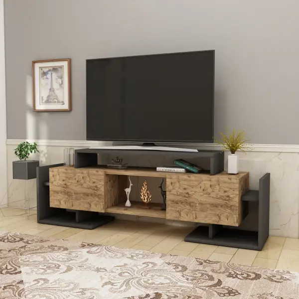 Metafor TV Stand, Media Center with Cabinets, Shelves - Anthracite & Atlantic Pine