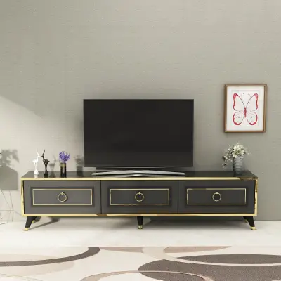 Romens TV Stand and Media Console with Cabinets - Anthracite & Marble Gold