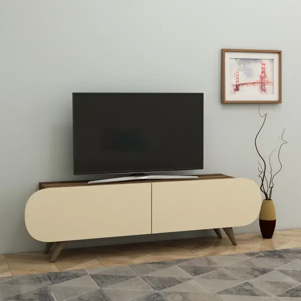 Sagely TV Stand with Cabinets, Shelves - Beige & Light Walnut