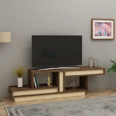 Liberty TV Stand with Open Shelves - Beige & Light Walnut