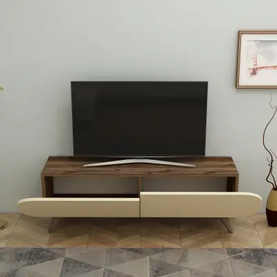 Sagely TV Stand with Cabinets, Shelves - Beige & Light Walnut