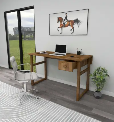 Virtual Wood Computer Desk with Drawer - Walnut - Netsan Furniture ...