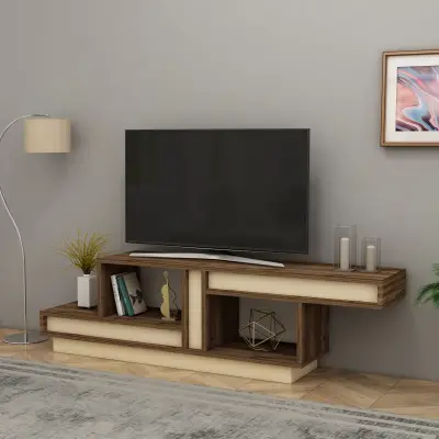 Liberty TV Stand with Open Shelves - Beige & Light Walnut