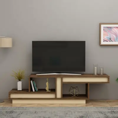 Liberty TV Stand with Open Shelves - Beige & Light Walnut