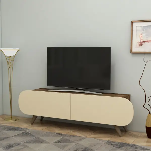 Sagely TV Stand with Cabinets, Shelves - Beige & Light Walnut