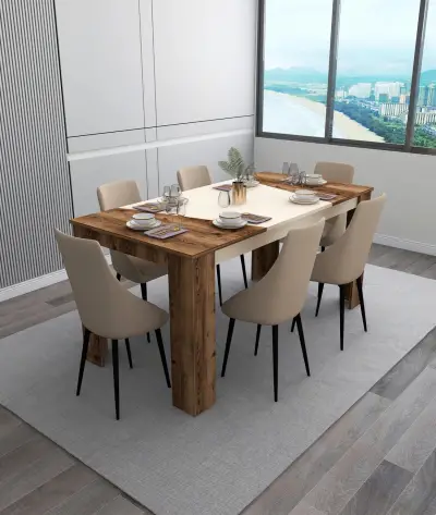 Curve 160 cm 6 Person Dining Table - Beige & Light Walnut