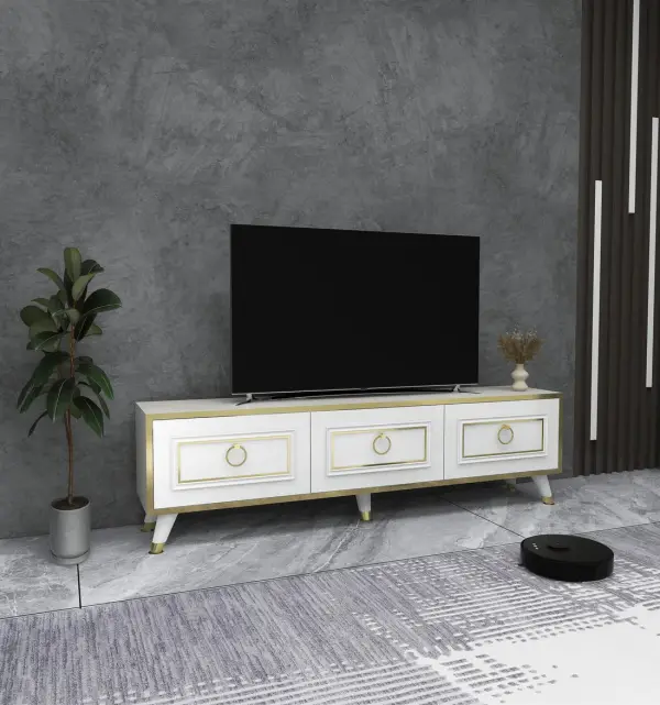 Romens 150 cm Wide TV Stand and Media Console with Cabinets - White / Gold Band 