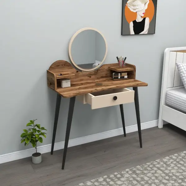 Ambrose Makeup Vanity Table with Mirror - Light Walnut / Beige