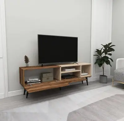 Agbar TV Stand and Media Center with Cabinets and Shelves - Light Walnut / Beige