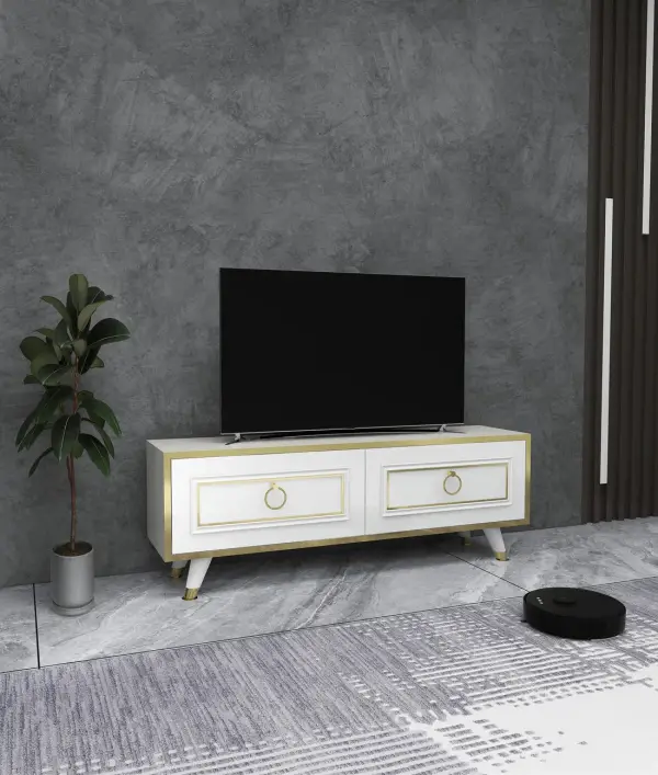 Romens 120 cm Wide TV Stand and Media Console with Cabinets - White / Gold Band