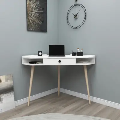 Homer Corner Computer Desk with Drawer and Shelves - White