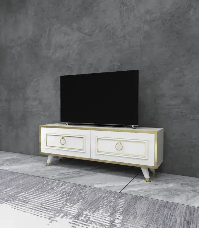 Romens 120 cm Wide TV Stand and Media Console with Cabinets - White / Gold Band