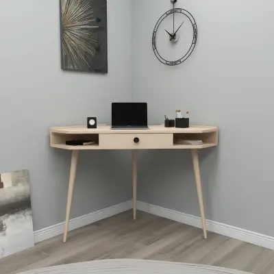 Homer Corner Computer Desk with Drawer and Shelves - Beige