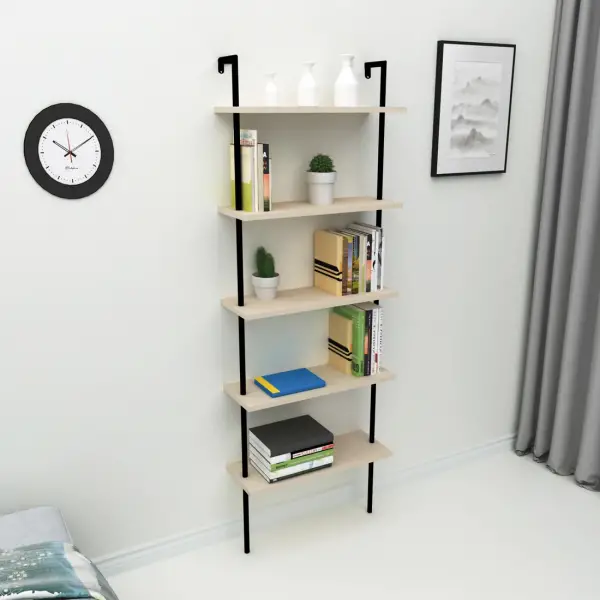 Willis 5-Tier Manufactured Wood Metal Ladder Bookcase - Beige / Black