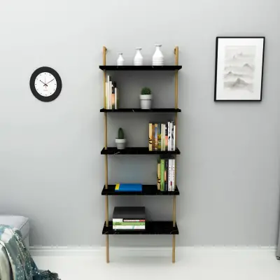 Willis 5-Tier Manufactured Wood Metal Ladder Bookcase - Black Marble Effect / Gold